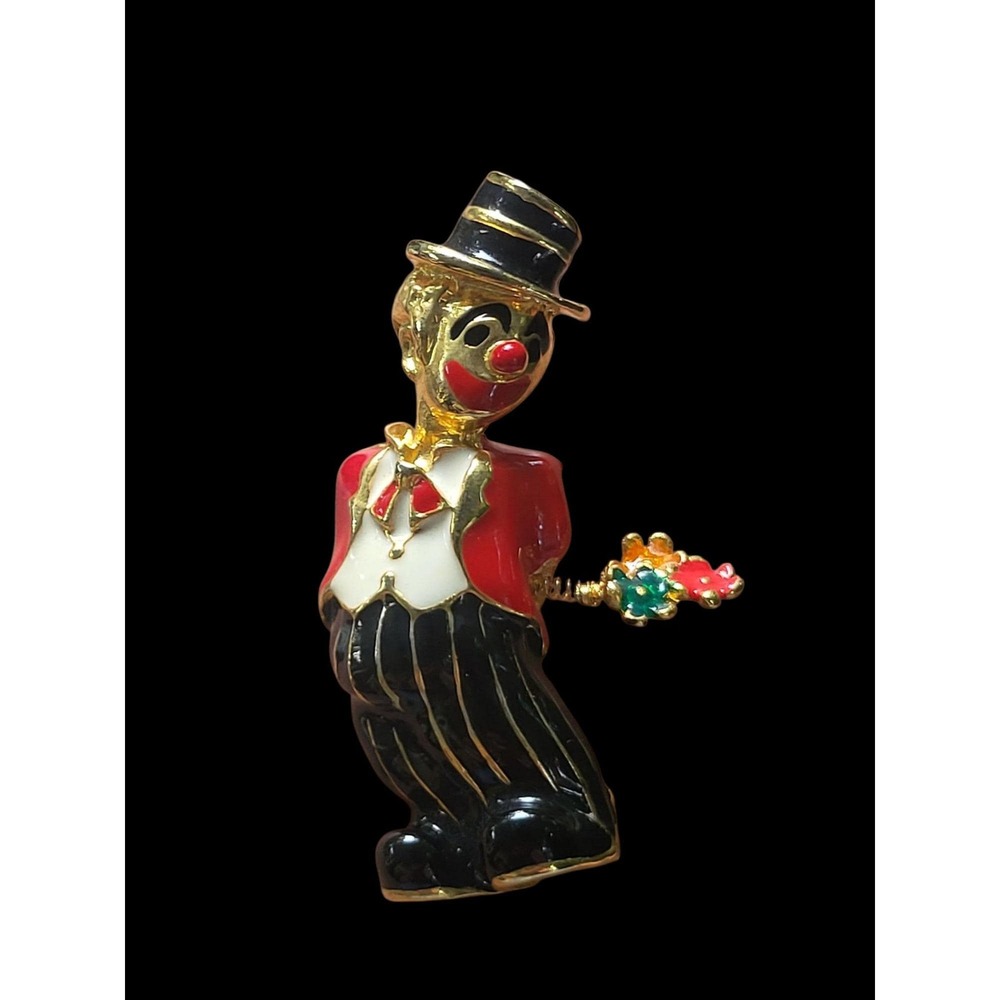 Joseph Mazer Unsigned Enamel Gold Tone Clown with Trembler Flowers Brooch